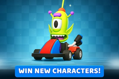 A green cartoon character is driving a red cart.